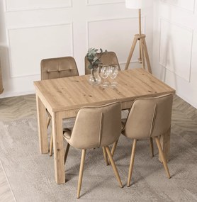 Sada stola SKUBI 120-160 cm Artisan Oak a 4 béžových stoličiek RODRI
