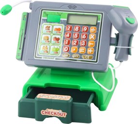 LEAN Toys Detská pokladňa s príslušenstvom, košík s ovocím, svetlá a zvuky, zelená