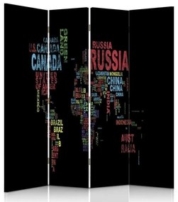 Ozdobný paraván Názvy zemí na mapě světa - 145x170 cm, štvordielny, obojstranný paraván 360°