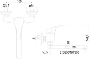 Mereo, Mereo Drezová nástenná batéria, Lila, 100 mm, s ramienkom plochým rovným 300 mm, chróm, MER-CBEE302A06