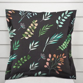 Biante Bavlnená obliečka na vankúš s lemom Sandra SA-556 Vetvičky s lístkami na čiernom 35 x 45 cm