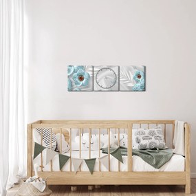 Obraz - 3D modré kvety (s hodinami) (90x30 cm)