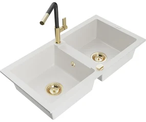 Mexen Mario, 2-komorový granitový drez 820x436x161 mm a drezová batéria Flora, biela, 6504-20-670401-57-G