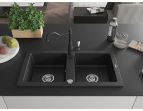 Mexen Mario, granitový drez 820x436x161 mm, 2-komorový a drezová batéria Carla, čierna-strieborná metalíza, 6504-73-670700-70