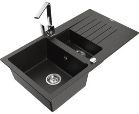 Mexen Matias, granitový drez 900x505x200 mm, 1,5-komorový a chrómová batéria Rita, čierna-zlatá metalíza, 6502-75-670300-00