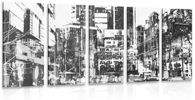 5-dielny obraz abstraktná panoráma mesta v čiernobielom prevedení - 200x100