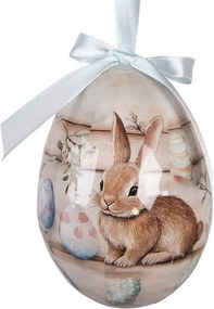 6ks dekorácie biele a béžové závesné vajíčko s zajačikmi Spring Egg - Ø 7*10 cm
