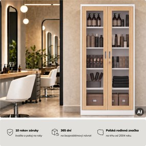 Kovová skriňa s vitrínou biela, dub sonoma, 900x1850x400 mm: AMELIA Eco Design