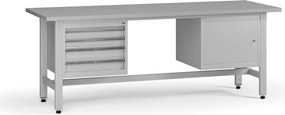 Výškovo nastaviteľný dielenský stôl G5, 2100 x 750 x 800-1000 mm, 1x skrinka, 4 zásuvky, sivá