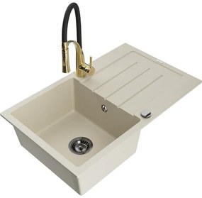 Mexen Bruno, 1-komorový granitový drez 795x495x200 mm a drezová batéria Aster, béžová, 6513-69-73450-57-B