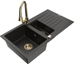 Mexen Matias, 1,5-komorový granitový drez 900x505x200 mm a drezová batéria Elia, čierna-zlatá metalíza, 6502-75-670101-50