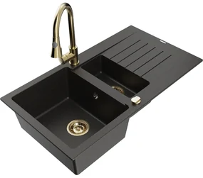 Mexen Matias, 1,5-komorový granitový drez 900x505x200 mm a drezová batéria Elia, čierna-zlatá metalíza, 6502-75-670101-50