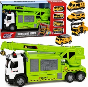 LEAN Toys Nákladné auto s žeriavom a prepravníkom vozidiel – svetlá a zvuky – zelené
