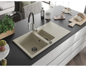 Mexen Matias, granitový drez 900x505x200 mm, 1,5-komorový a drezová batéria Aster, béžová, 6502-69-73450-07-B