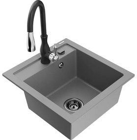 Mexen Vito, 1-komorový granitový drez 520x490x210 mm a drezová batéria Savita, šedá, 6503-71-672601-70-B