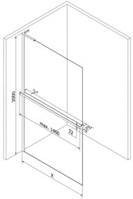 Mexen Kioto+ L, sprchová zástena Walk-In s poličkou a vešiakom 120 x 200 cm, 8mm číre sklo čierny vzor, grafitový profil, 800-120-123-95-78