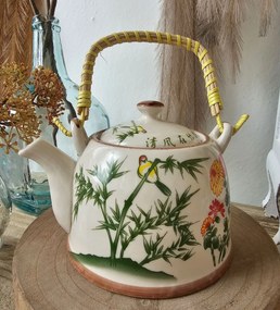 Porcelánová kanvica na čaj s bambusom a kvetmi - 18*14*12 cm / 0,8L
