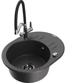 Mexen Kevin, granitový drez 586x458x190 mm, 1-komorový a biela batéria Duo, čierna škvrnitá, 6517-76-671701-07-B