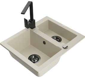 Mexen Carlos, 1,5-komorový granitový drez s odkvapkávačom 582x475x177 mm a čierna kuchynská batéria Rita, béžová, 6518-69-670300-70