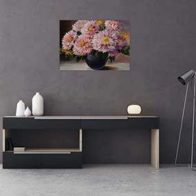 Sklenený obraz - Olejomaľba, Kvety vo váze (70x50 cm)