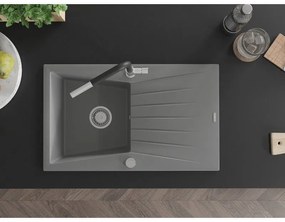 Mexen Cesar, 1-komorový granitový drez 775x470x190 mm a drezová batéria Flora, šedá, 6514-71-670401-07