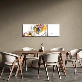 Obraz tanierov s ovocím na stole (s hodinami) (90x30 cm)