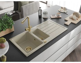 Mexen Andres, granitový drez 1000x500x200 mm, 1,5-komorový + zlatá batéria Duero, béžová, 6515-69-671600-50