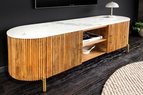 Luxusná TV komoda TRES 140 cm mangové drevo prírodné s bielou mramorovou doskou a zlatými úchytkami