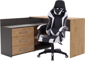 Rohový psací stůl Dany dub Artisan/antracit s herním křeslem Remus černo-bílým