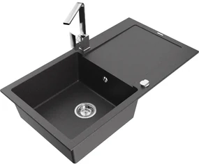 Mexen Leo, drez granitový 900x500x190 mm, 1-komorový, čierna škvrnitá s chrómovým sifónom a chrómová drezová batéria Rita, 6501-76-670300-00
