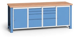 Dielenský stôl KOVONA, 2 závesné skrinky a 8 zásuviek na náradie, buková škárovka, pevné nohy, 2100 mm