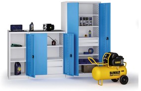 Policová dielenská skriňa na náradie KOVOS, 4 police, 4 zásuvky, perforovaná, 950 x 600 x 1950 mm, modrá