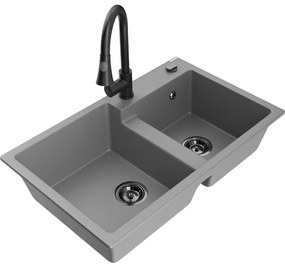 Mexen Tomas, 2-komorový granitový drez 800x500x190 mm a drezová batéria Elia, šedá, 6516-71-670101-70-B