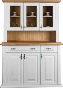 Biely drevený príborník z masívu - komoda s vitrínou, 140x60x210 cm
