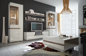 Vysoká vitrína Linate, biely lesk/dub, ľavé dvere