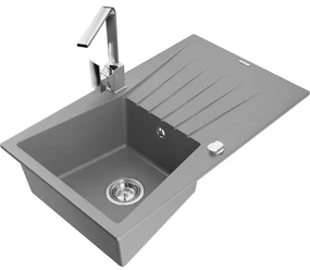 Mexen Cesar, granitový drez 775x470x190 mm, 1-komorový, šedá s chrómovým sifónom a chrómová drezová batéria Rita, 6514-71-670300-00