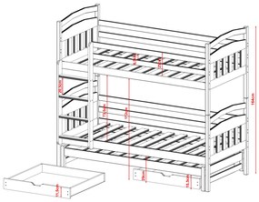 Detská poschodová posteľ z masívu borovice ALDA s prístelkou a šuplíky - 200x90 cm - biela
