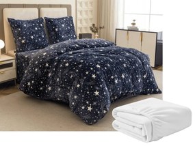 Sada 2ks mikroplyšových obliečok STARLIGHT tmavomodré + plachta mikroplyš SOFT 180x200 cm biela, dvojlôžko