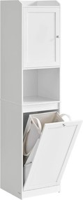 Vysoká kúpeľňová skrinka s košom na bielizeň, odnímateľný kôš na bielizeň, biely