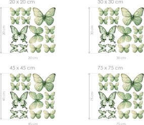Motýle zeleňou 13 ks textilní prelepiteľné nálepky na stenu list 20 × 20 cm