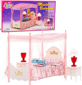 LEAN Toys Sada nábytku pre bábiky: posteľ s baldachýnom, nočné stolíky a lampy