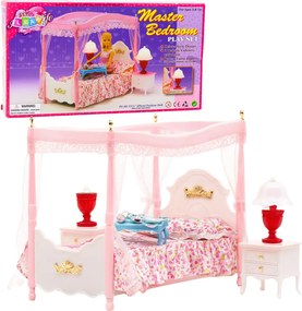 LEAN Toys Sada nábytku pre bábiky: posteľ s baldachýnom, nočné stolíky a lampy