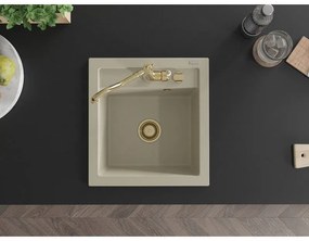 Mexen Vito, granitový drez 490x520x210 mm, 1-komorový a drezová batéria Carla, béžová, 6503-69-670700-50