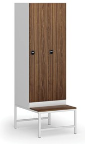Šatníková skrinka s lavičkou, 2 oddiely, 1875 x 600 x 500/800 mm, demont, zámok s čítačkou RFID kariet, laminované dvere, orech