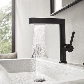 HANSGROHE Finoris páková umývadlová batéria s vyťažiteľnou sprškou s prepínaním, 2jet, s odtokovou súpravou Push-Open, výška výtoku 229 mm, matná čierna, 76063670