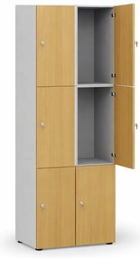 Drevená šatníková skrinka S4 s úložnými boxmi, 6 boxov, demont, cylindrický zámok, sivá/dub prírodný