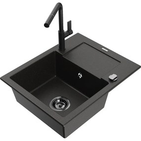 Mexen Enzo, 1-komorový granitový drez 576x465x174 mm a drezová batéria Flora, čierna-zlatá metalíza, 6506-75-670401-70-B