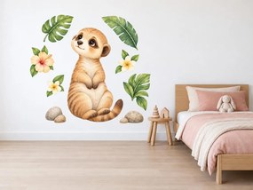 Surikatka medzi tropickými kvetmi akvarelové nálepky so surikatkou do detskej izby na stenu arch 34 x 46 cm