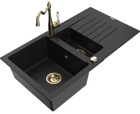 Mexen Matias, granitový drez 900x505x200 mm, 1,5-komorový a drezová batéria Carla, čierna, 6502-77-670700-50