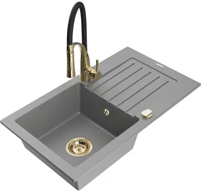 Mexen Pablo, 1-komorový granitový drez 752x436x161 mm a drezová batéria Aster, šedá, 6510-71-73450-57-G